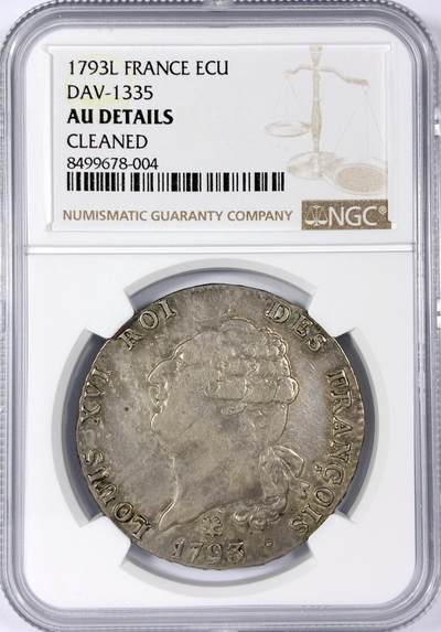 【雨安】【世界币章114期】2025-11-15 周六 19:30 保真 8秒倒数自动落锤 高效拍卖 - [评级法国] France 法国 1埃居 KM#0615 DAV-1335 路易十六 天使埃居 1793年 NGC-AU