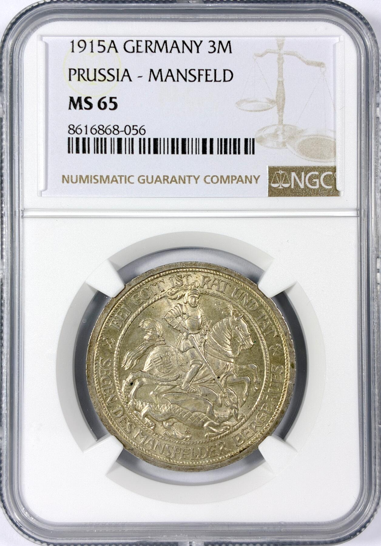 【雨安】【世界币章114期】2025-11-15 周六 19:30 保真 8秒倒数自动落锤 高效拍卖 [评级德国] Germany 德国 帝国 J.115 普鲁士 3马克 (1915) 屠龙 1915年 NGC-MS65 淡彩包浆 名誉品种