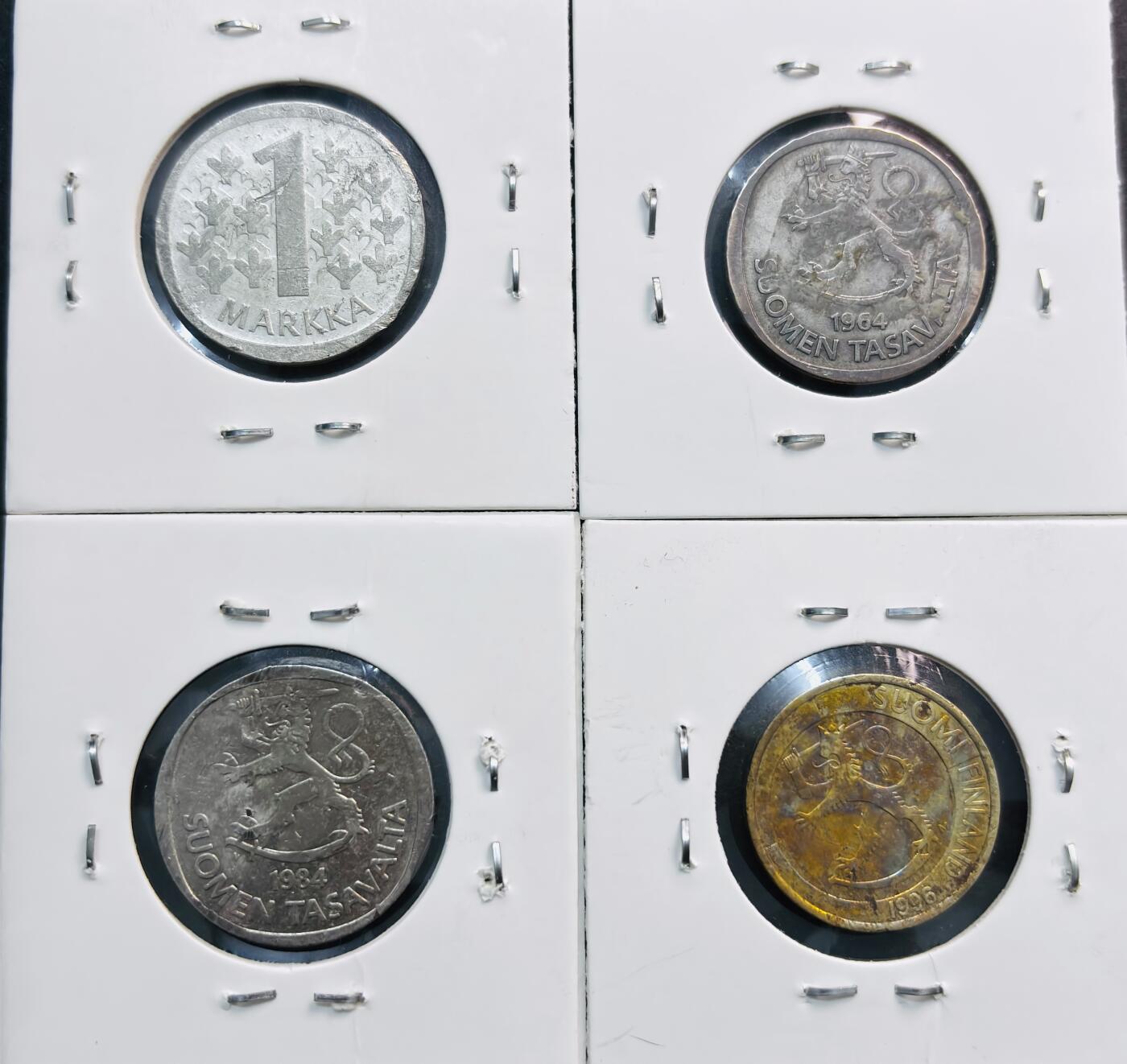 文馨钱币收藏第 281 场，【 长期接收代拍品】银元，银币，套币，纸币专场（本场截拍后休息三天，19 号发货） 芬兰一组1马克  4 枚，包含 1964-66 年 2 枚 1 马克 银币