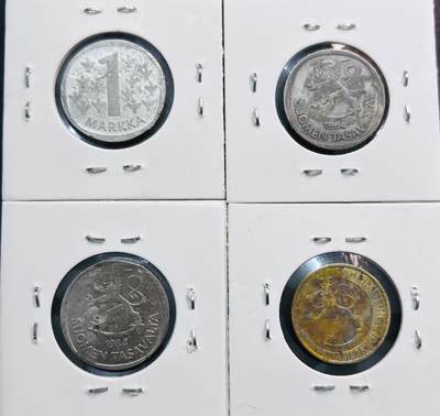 文馨钱币收藏第 281 场，【 长期接收代拍品】银元，银币，套币，纸币专场（本场截拍后休息三天，19 号发货） - 芬兰一组1马克  4 枚，包含 1964-66 年 2 枚 1 马克 银币