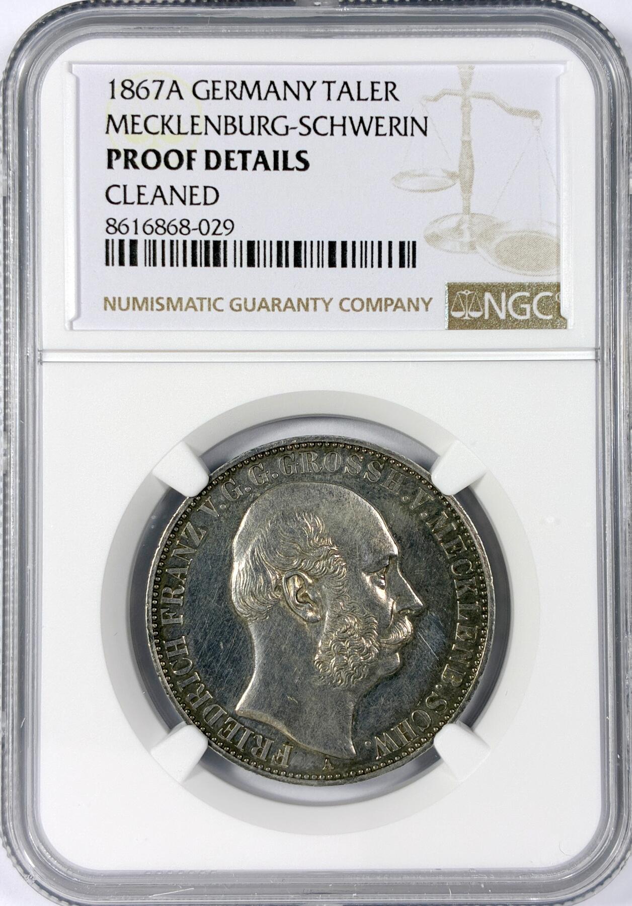 【雨安】【世界币章114期】2025-11-15 周六 19:30 保真 8秒倒数自动落锤 高效拍卖 [评级德国] Germany 德国 德意志 1泰勒 Mecklenburg-Schwerin梅克伦堡-什未林 Thun.216 KM#A311 (1867) 1867年 NGC-PF 顶级罕见的精制版