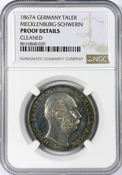 【雨安】【世界币章114期】2025-11-15 周六 19:30 保真 8秒倒数自动落锤 高效拍卖 - [评级德国] Germany 德国 德意志 1泰勒 Mecklenburg-Schwerin梅克伦堡-什未林 Thun.216 KM#A311 (1867) 1867年 NGC-PF 顶级罕见的精制版