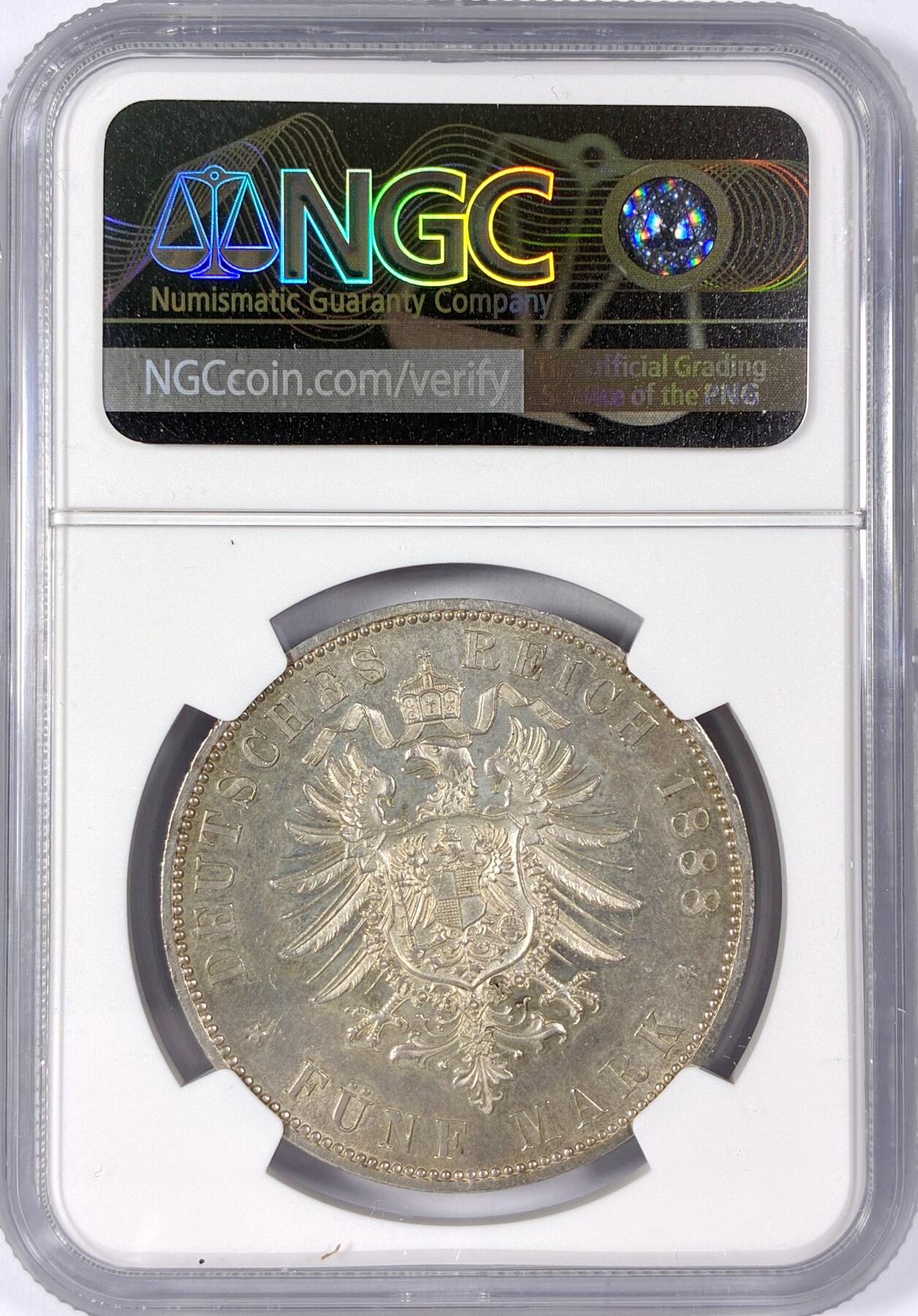 【雨安】【世界币章114期】2025-11-15 周六 19:30 保真 8秒倒数自动落锤 高效拍卖 [评级德国] Germany 德国 帝国 J.099 普鲁士 5马克 (1888) 三皇 1888年 NGC-MS62