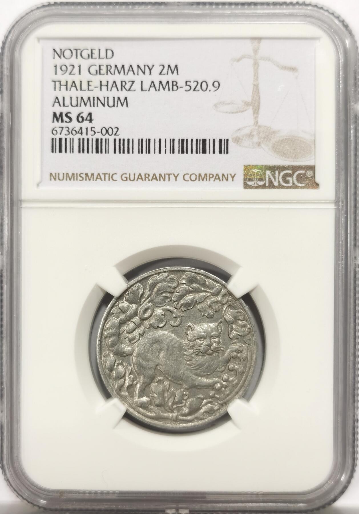 博洋堂世界钱币拍卖第146期（全场包邮） NGC MS64 德紧1921年德国紧急时期塔勒哈茨地区2马克铝币 猫猫币 名誉品 材质保存不易 高分稀有