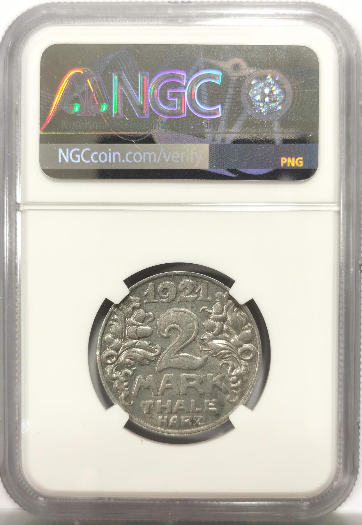 博洋堂世界钱币拍卖第146期（全场包邮） NGC MS64 德紧1921年德国紧急时期塔勒哈茨地区2马克铝币 猫猫币 名誉品 材质保存不易 高分稀有
