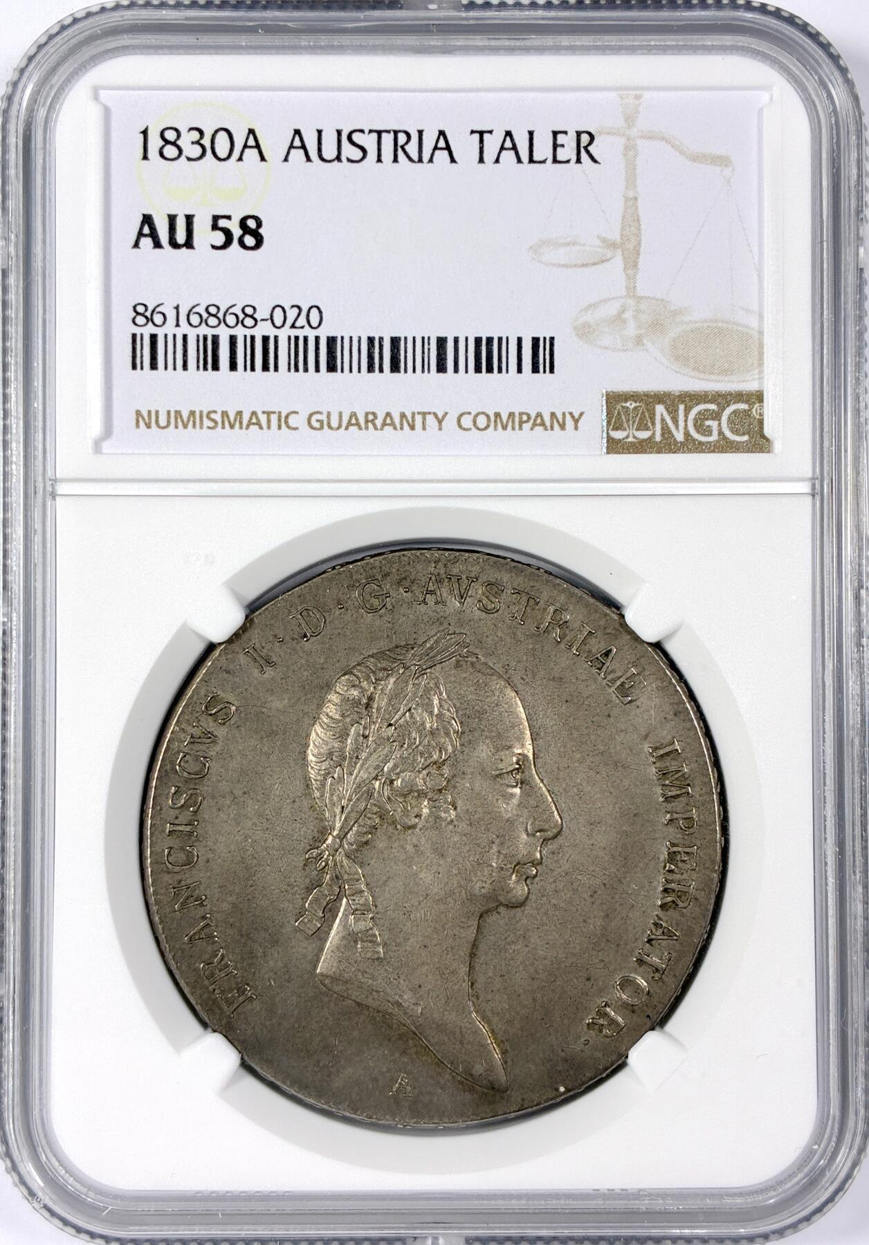 【雨安】【世界币章114期】2025-11-15 周六 19:30 保真 8秒倒数自动落锤 高效拍卖 [评级欧洲] Austria 奥地利 1泰勒 KM#2163 (1824-1830) 弗朗茨二世 1830年 NGC-AU58 原味欧洲老包浆