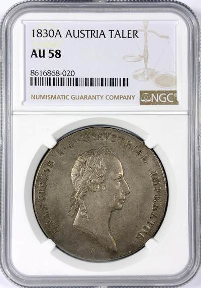 【雨安】【世界币章114期】2025-11-15 周六 19:30 保真 8秒倒数自动落锤 高效拍卖 - [评级欧洲] Austria 奥地利 1泰勒 KM#2163 (1824-1830) 弗朗茨二世 1830年 NGC-AU58 原味欧洲老包浆