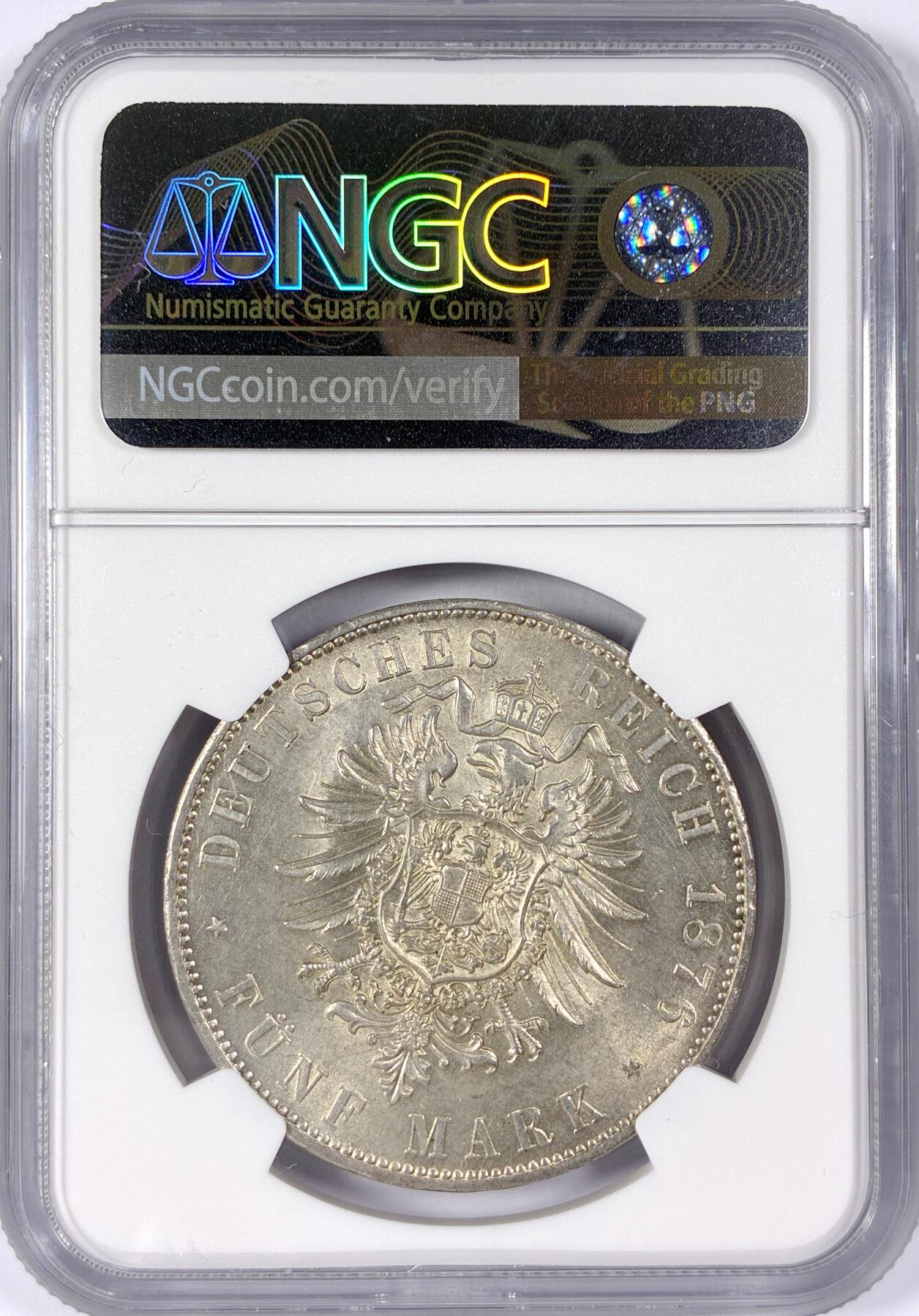 【雨安】【世界币章114期】2025-11-15 周六 19:30 保真 8秒倒数自动落锤 高效拍卖 [评级德国] Germany 德国 帝国 J.042 巴伐利亚 5马克 路德维希二世 1876年 NGC-MS61 光度极佳 严评