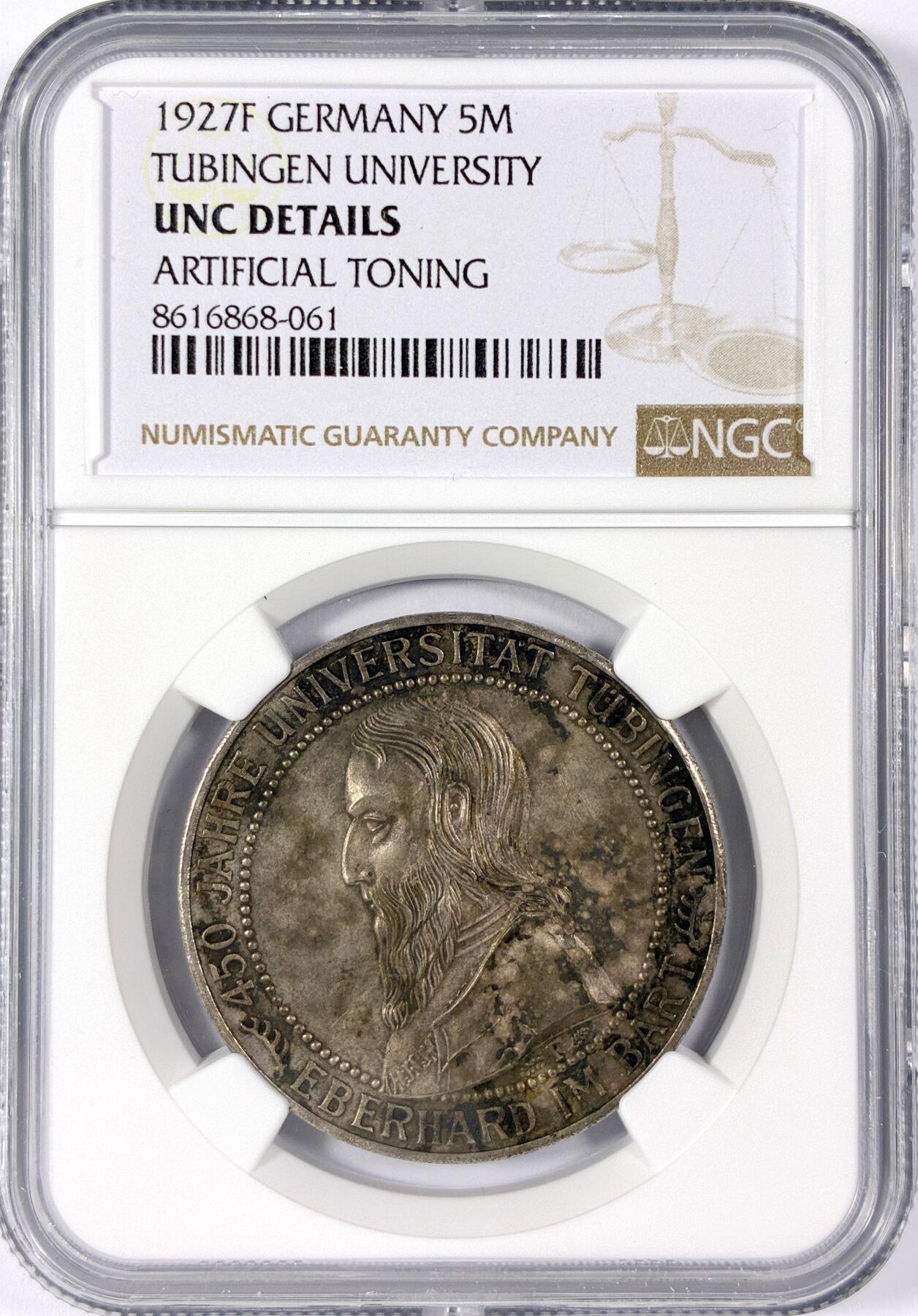 【雨安】【世界币章114期】2025-11-15 周六 19:30 保真 8秒倒数自动落锤 高效拍卖 [评级德国] Germany 德国 魏玛 5马克 KM#55 图宾根大学 1927年 NGC-UNC