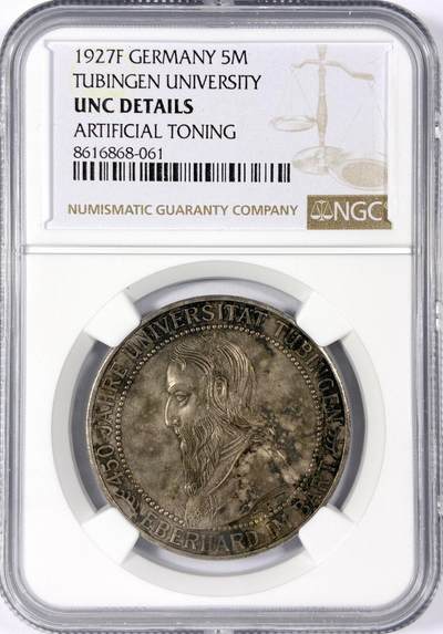 【雨安】【世界币章114期】2025-11-15 周六 19:30 保真 8秒倒数自动落锤 高效拍卖 - [评级德国] Germany 德国 魏玛 5马克 KM#55 图宾根大学 1927年 NGC-UNC