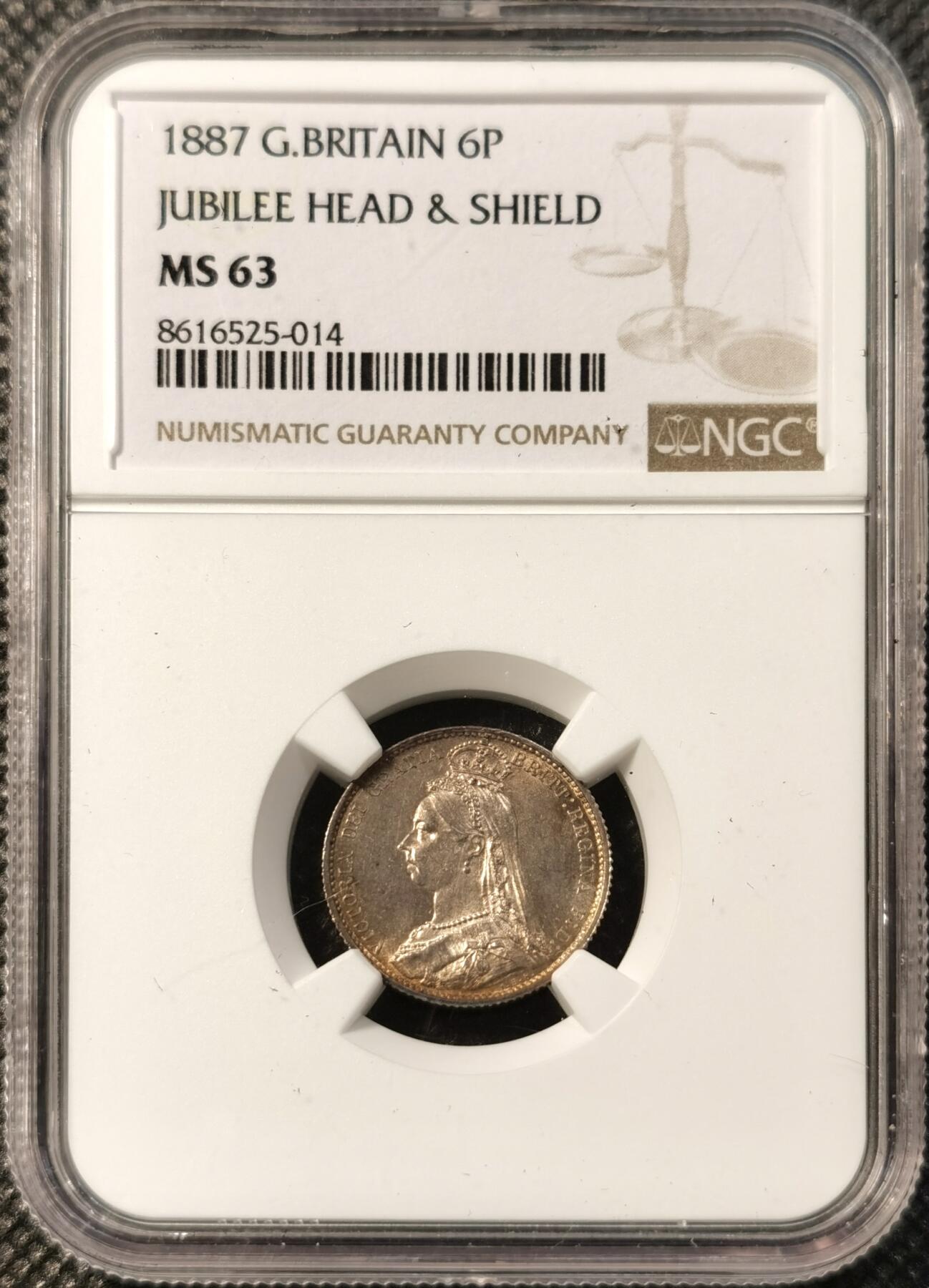 甄臻铺-世界币章拍卖（第39期）送拍享返佣金等优惠多多 NGC-MS63 1887年英国维多利亚高冠6便士 盾徽版 状态非常好