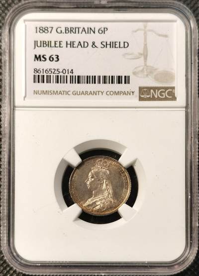 甄臻铺-世界币章拍卖（第39期）送拍享返佣金等优惠多多 - NGC-MS63 1887年英国维多利亚高冠6便士 盾徽版 状态非常好