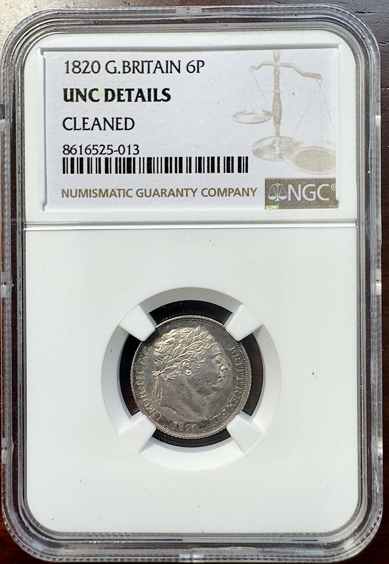 甄臻铺-世界币章拍卖（第39期）送拍享返佣金等优惠多多 NGC-UNCD 1820 乔三牛头6便士银币 麦稀奇没有记录 少见年份