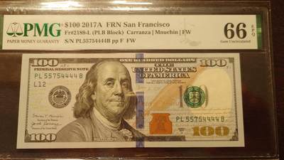 世界钱币～微拍第214期暨2025年第54期  双11评级币特惠拍 - 2017A美国100元 PMG66E 号码55754444 狮子号