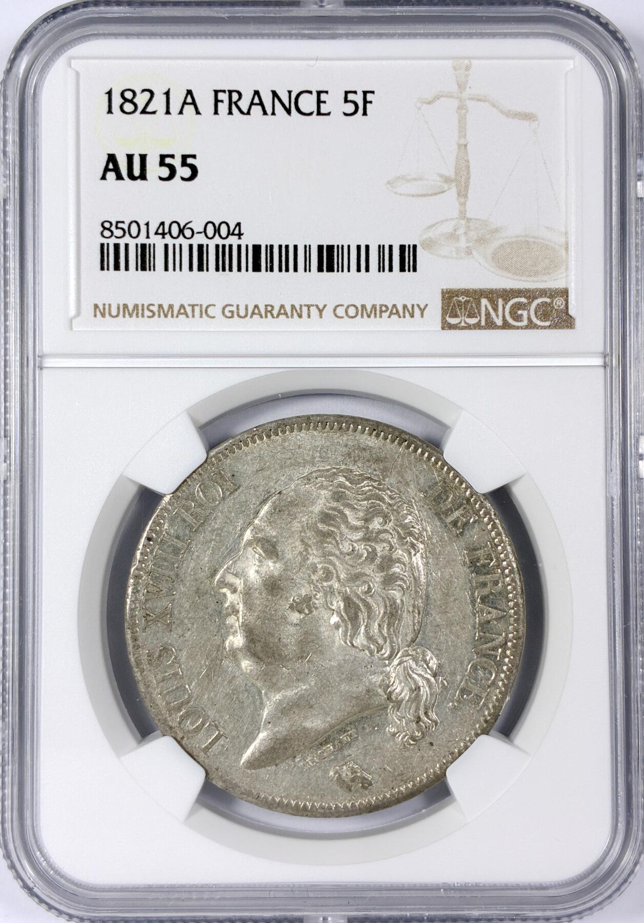 【雨安】【世界币章114期】2025-11-15 周六 19:30 保真 8秒倒数自动落锤 高效拍卖 [评级法国] France 法国 5法郎 KM#0711 (1816-1824) 路易十八 1821年 NGC-AU55