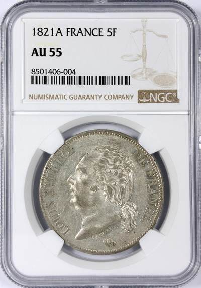 【雨安】【世界币章114期】2025-11-15 周六 19:30 保真 8秒倒数自动落锤 高效拍卖 - [评级法国] France 法国 5法郎 KM#0711 (1816-1824) 路易十八 1821年 NGC-AU55