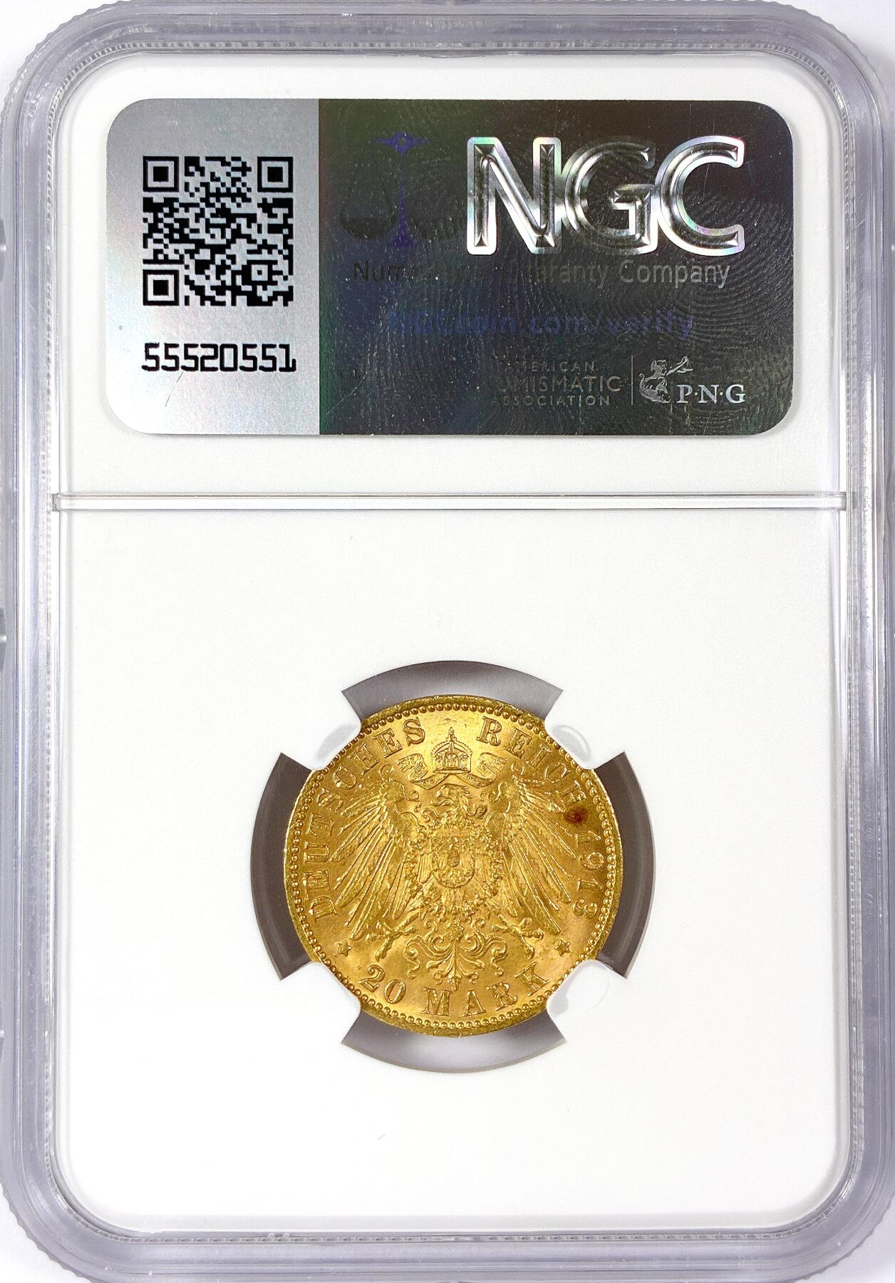 【雨安】【世界币章114期】2025-11-15 周六 19:30 保真 8秒倒数自动落锤 高效拍卖 [金币] Germany 德国 汉堡 20马克 1913年 长翅 NGC-MS65 极品高分