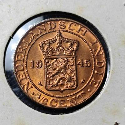 KK钱币收藏小铺  第369场  2月预留时间 周末发货 -  1945荷属东印度0.5分铜币 好品