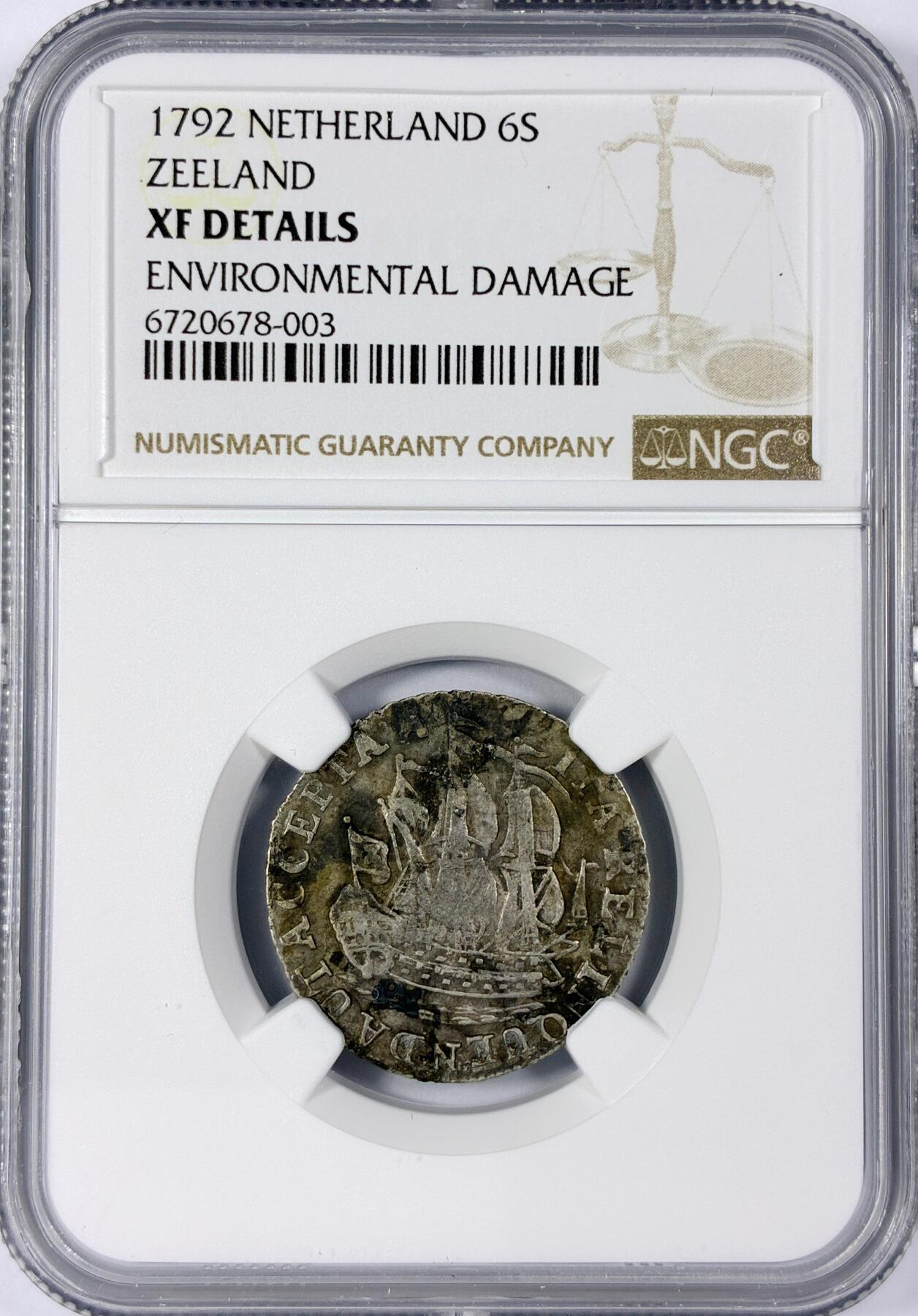 【雨安】【世界币章114期】2025-11-15 周六 19:30 保真 8秒倒数自动落锤 高效拍卖 [评级欧洲] Netherlands 荷兰 共和国 泽兰省 6Stuiver 帆船 1792年 NGC-XF