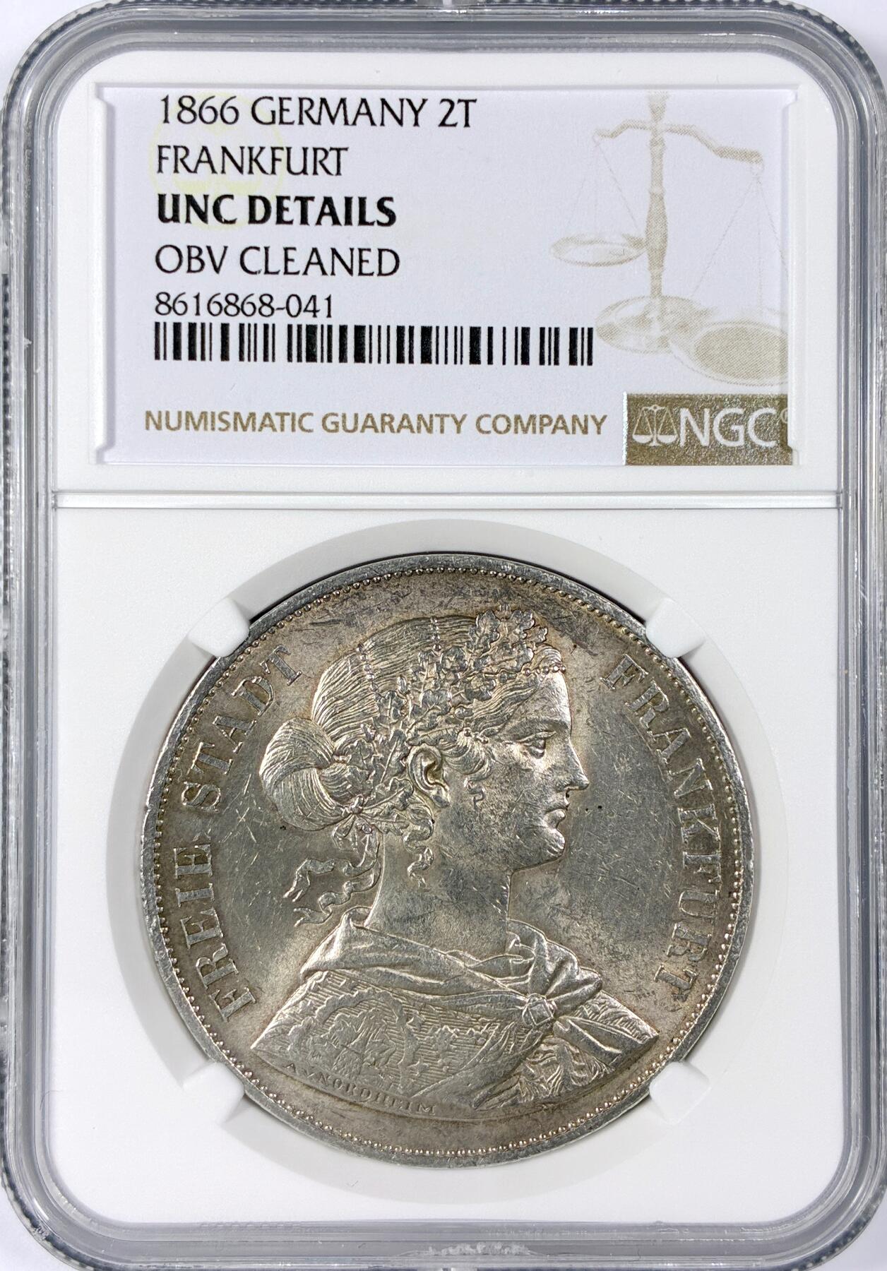 【雨安】【世界币章114期】2025-11-15 周六 19:30 保真 8秒倒数自动落锤 高效拍卖 [评级德国] Germany 德国 德意志 2泰勒 Frankfurt法兰克福 Thun.145 KM#0365 (1860-1866) 法兰克福少女 1866年 NGC-UNC