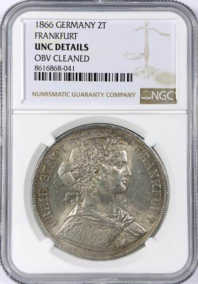 【雨安】【世界币章114期】2025-11-15 周六 19:30 保真 8秒倒数自动落锤 高效拍卖 - [评级德国] Germany 德国 德意志 2泰勒 Frankfurt法兰克福 Thun.145 KM#0365 (1860-1866) 法兰克福少女 1866年 NGC-UNC