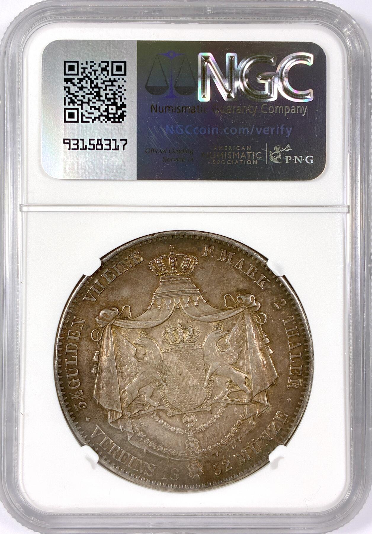 【雨安】【世界币章114期】2025-11-15 周六 19:30 保真 8秒倒数自动落锤 高效拍卖 [评级德国] Germany 德国 德意志 2泰勒 Baden巴登 Thun.026 KM#0220 (1845-1852) 1852年 NGC-AU