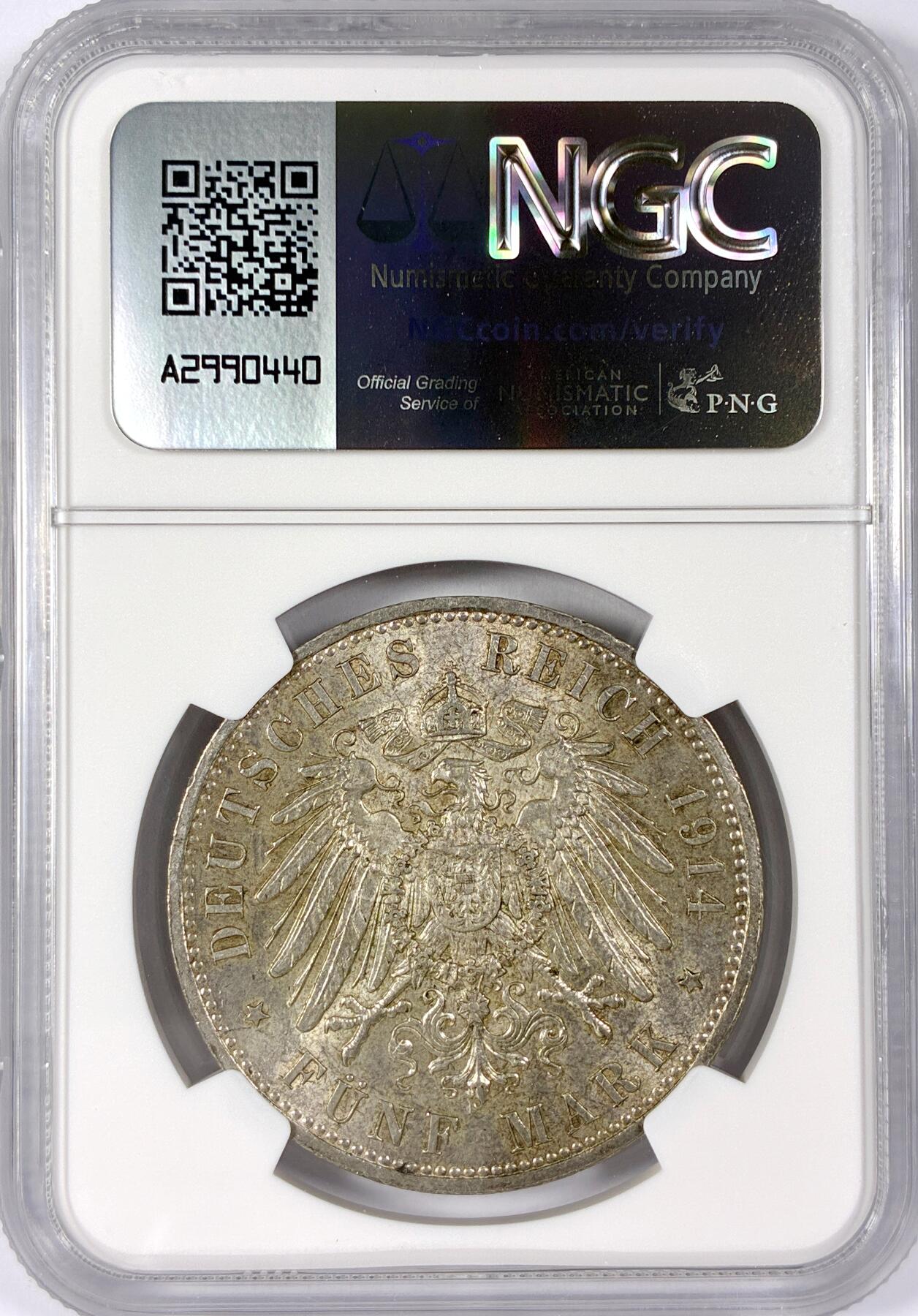 【雨安】【世界币章114期】2025-11-15 周六 19:30 保真 8秒倒数自动落锤 高效拍卖 [评级德国] Germany 德国 帝国 J.114 普鲁士 5马克 (1913-1914) 军装 1914年 NGC-MS61