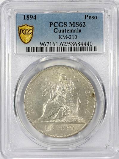 【雨安】【世界币章114期】2025-11-15 周六 19:30 保真 8秒倒数自动落锤 高效拍卖 - [评级美洲] Guatemala 危地马拉 1比索 KM#0210 (1894-1897) 1894年 PCGS-MS62