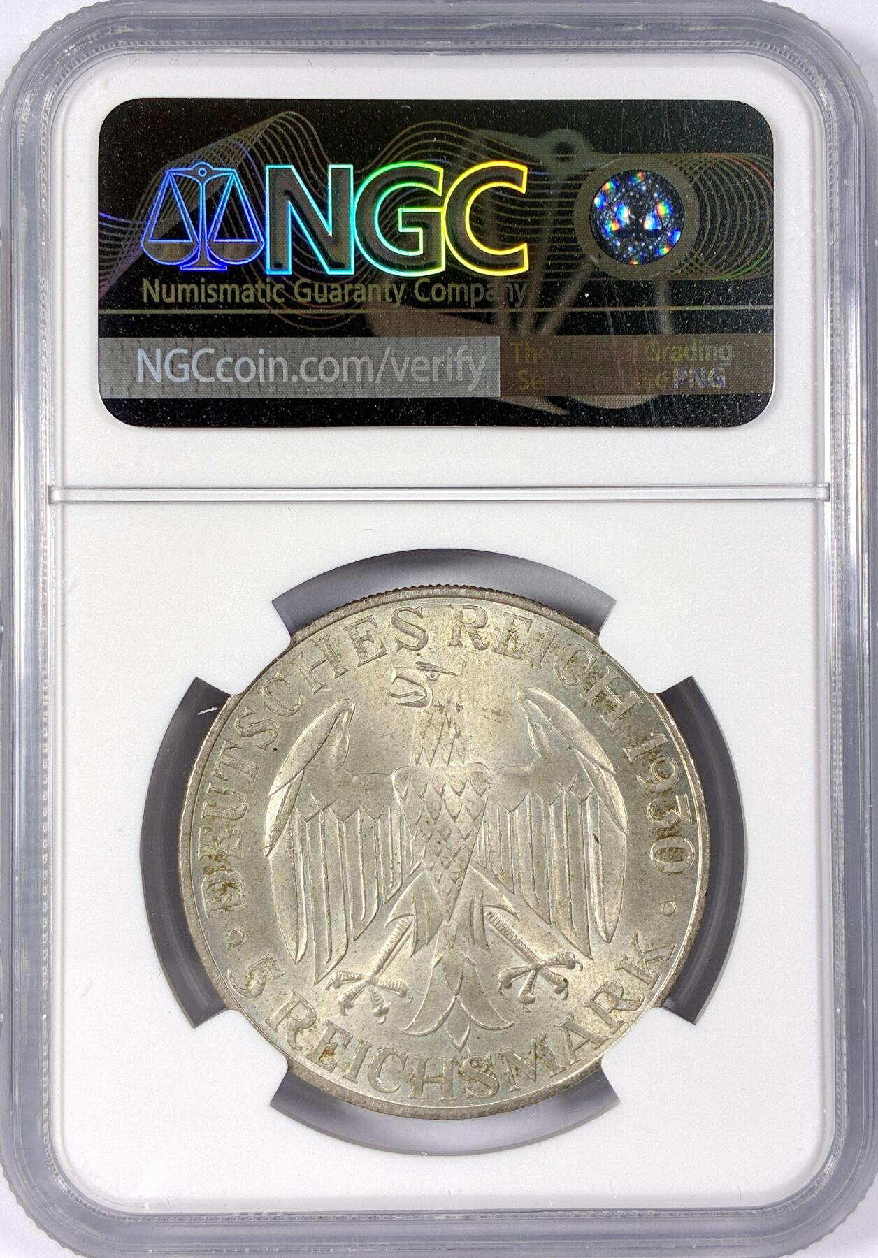 【雨安】【世界币章114期】2025-11-15 周六 19:30 保真 8秒倒数自动落锤 高效拍卖 [评级德国] Germany 德国 魏玛 5马克 KM#68 飞艇 1930年 NGC-MS64