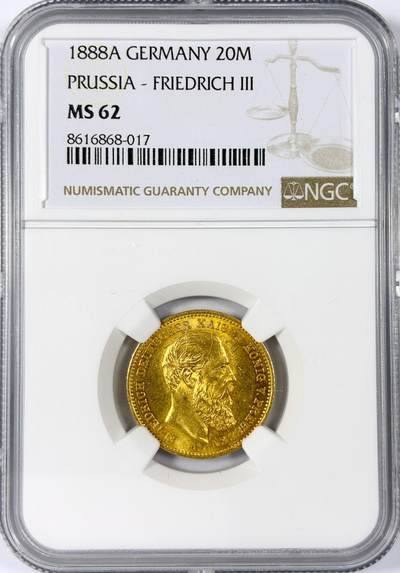 【雨安】【世界币章114期】2025-11-15 周六 19:30 保真 8秒倒数自动落锤 高效拍卖 - [金币] Germany 德国 普鲁士 20马克 1888年 三皇 NGC-MS62