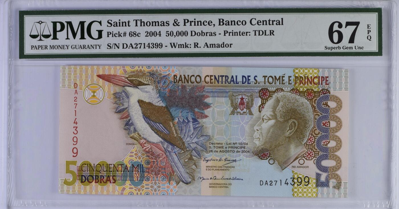 《艾美收藏》第220期-11.16周日外币畅拍场 圣多美和普林西比2004年DA冠50000多布拉PMG67E唯三冠军分 Pick#68c