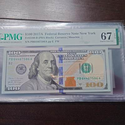 世界钱币～微拍第214期暨2025年第54期  双11评级币特惠拍 - 2017A年美国100元 PMG67E 带4尾号7586