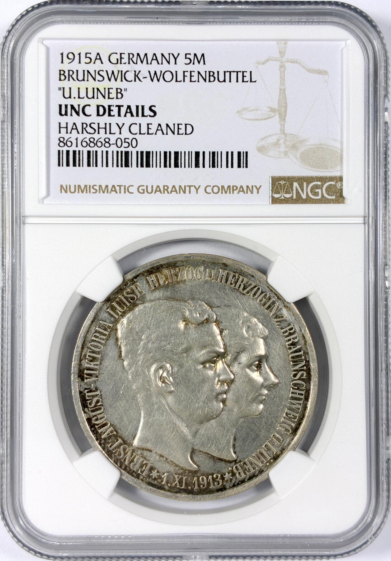 【雨安】【世界币章114期】2025-11-15 周六 19:30 保真 8秒倒数自动落锤 高效拍卖 [评级德国] Germany 德国 帝国 J.058 不伦瑞克 5马克 (1915) 结婚纪念 1915年 NGC-UNC 稀少品种