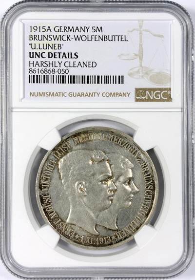 【雨安】【世界币章114期】2025-11-15 周六 19:30 保真 8秒倒数自动落锤 高效拍卖 - [评级德国] Germany 德国 帝国 J.058 不伦瑞克 5马克 (1915) 结婚纪念 1915年 NGC-UNC 稀少品种