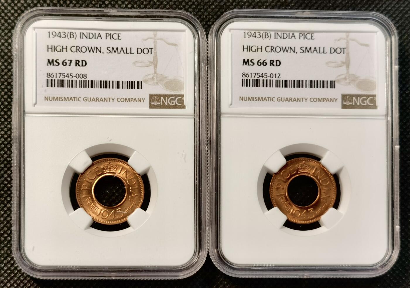甄臻铺-世界币章拍卖（第39期）送拍享返佣金等优惠多多 NGC-MS67RD 1943年印度乔治六世1沙派，MS66-67两枚一组，卷拆拼品相，铜光圆润