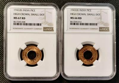 甄臻铺-世界币章拍卖（第39期）送拍享返佣金等优惠多多 - NGC-MS67RD 1943年印度乔治六世1沙派，MS66-67两枚一组，卷拆拼品相，铜光圆润