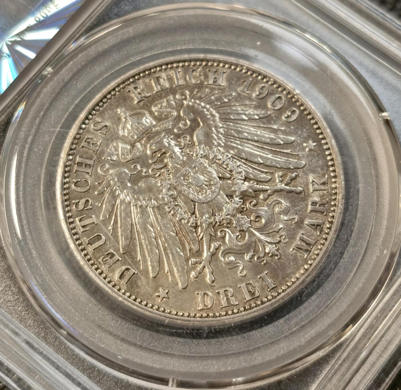 甄臻铺-世界币章拍卖（第39期）送拍享返佣金等优惠多多 公博-AU53 德国3马克银币 1909A 威廉二世 表面有凝胶感觉 光滑细腻