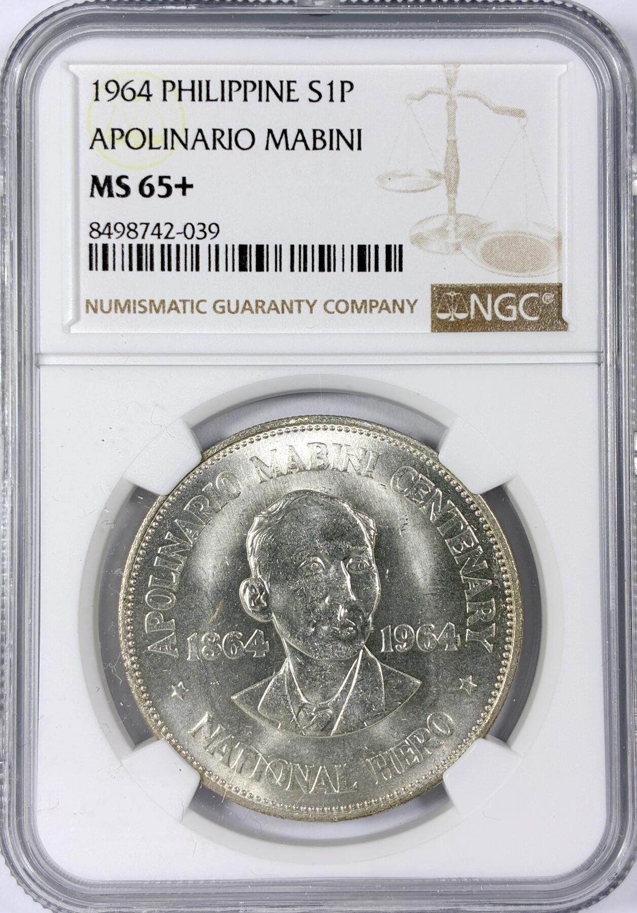 【雨安】【世界币章114期】2025-11-15 周六 19:30 保真 8秒倒数自动落锤 高效拍卖 [评级亚洲] Philippines 菲律宾 1比索 1964年 NGC-MS65+