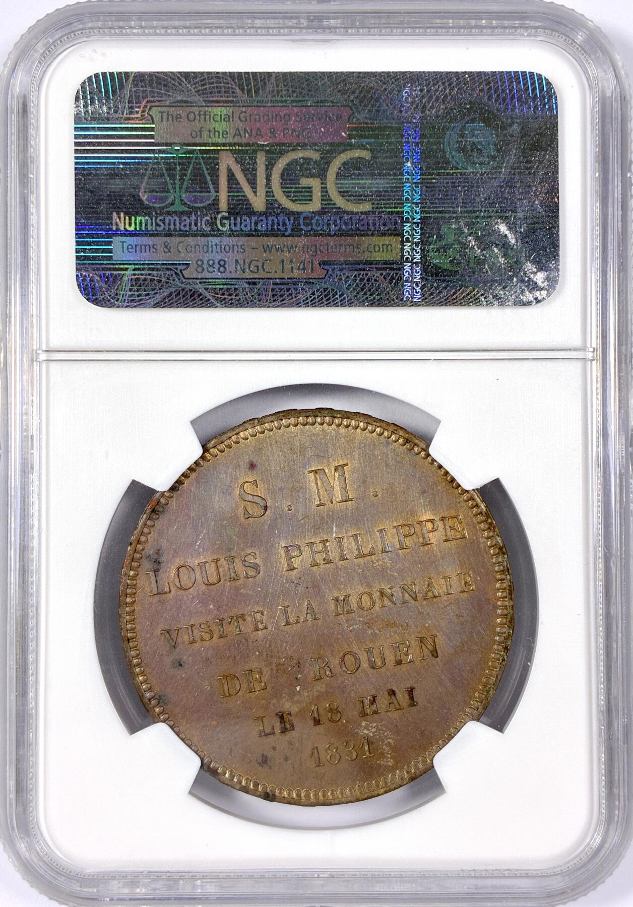 【雨安】【世界币章114期】2025-11-15 周六 19:30 保真 8秒倒数自动落锤 高效拍卖 [评级法国] France 法国 样币 Maz1168c 菲利普 5法郎 1831年 铜样 NGC-MS62