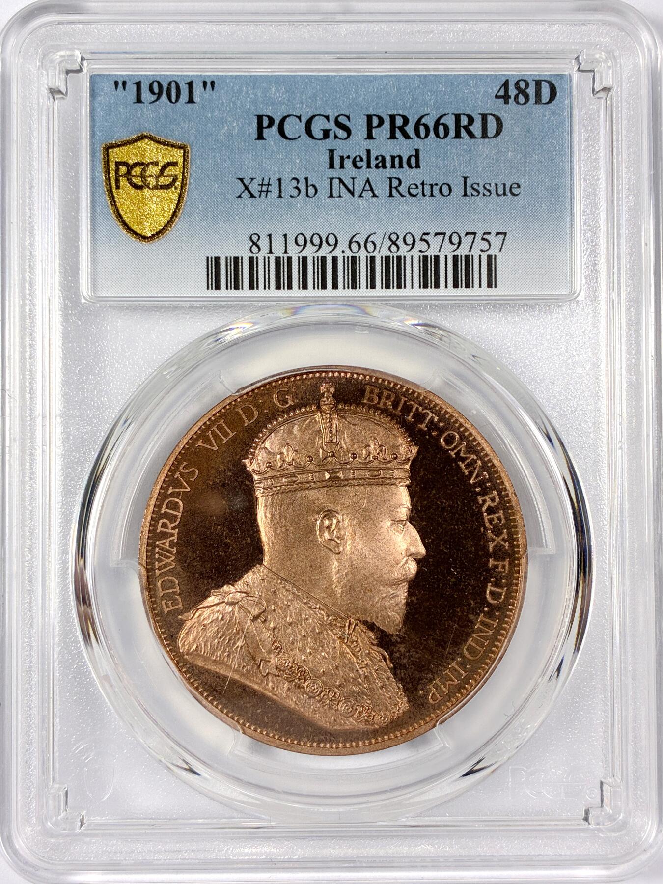 【雨安】【世界币章114期】2025-11-15 周六 19:30 保真 8秒倒数自动落锤 高效拍卖 [评级欧洲] Ireland 爱尔兰 48D 1901年 爱德华七世 X#13b PCGS-PR66RD