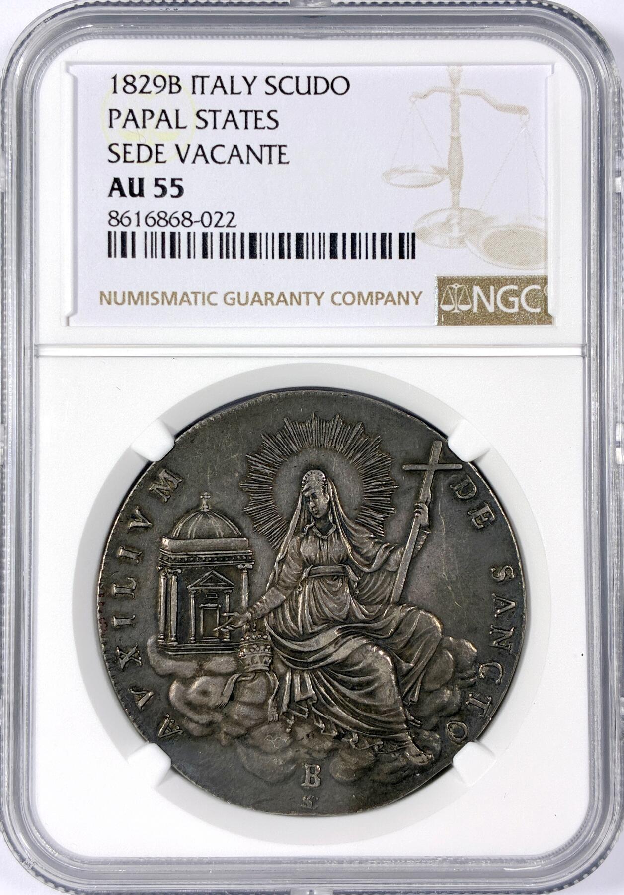 【雨安】【世界币章114期】2025-11-15 周六 19:30 保真 8秒倒数自动落锤 高效拍卖 [评级欧洲] Italy 意大利 Papal梵蒂冈 1斯库多 KM#1303 1829年 缺位 NGC-AU55 原味均匀老包浆