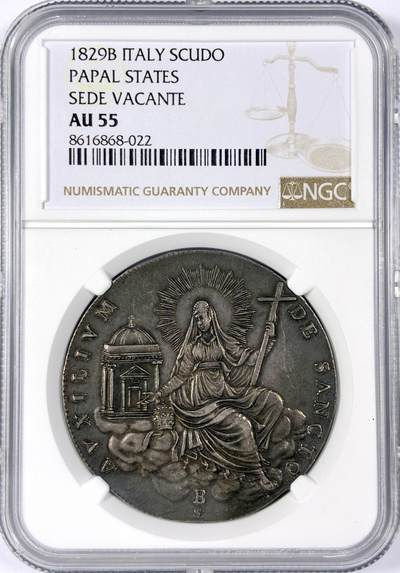 【雨安】【世界币章114期】2025-11-15 周六 19:30 保真 8秒倒数自动落锤 高效拍卖 - [评级欧洲] Italy 意大利 Papal梵蒂冈 1斯库多 KM#1303 1829年 缺位 NGC-AU55 原味均匀老包浆