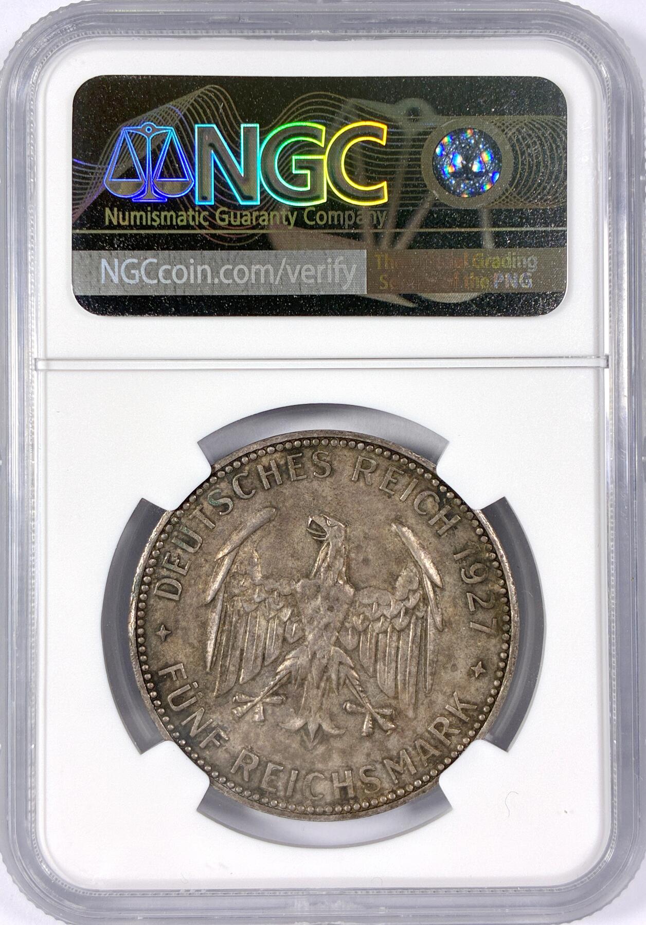 【雨安】【世界币章114期】2025-11-15 周六 19:30 保真 8秒倒数自动落锤 高效拍卖 [评级德国] Germany 德国 魏玛 5马克 KM#55 图宾根大学 1927年 NGC-UNC