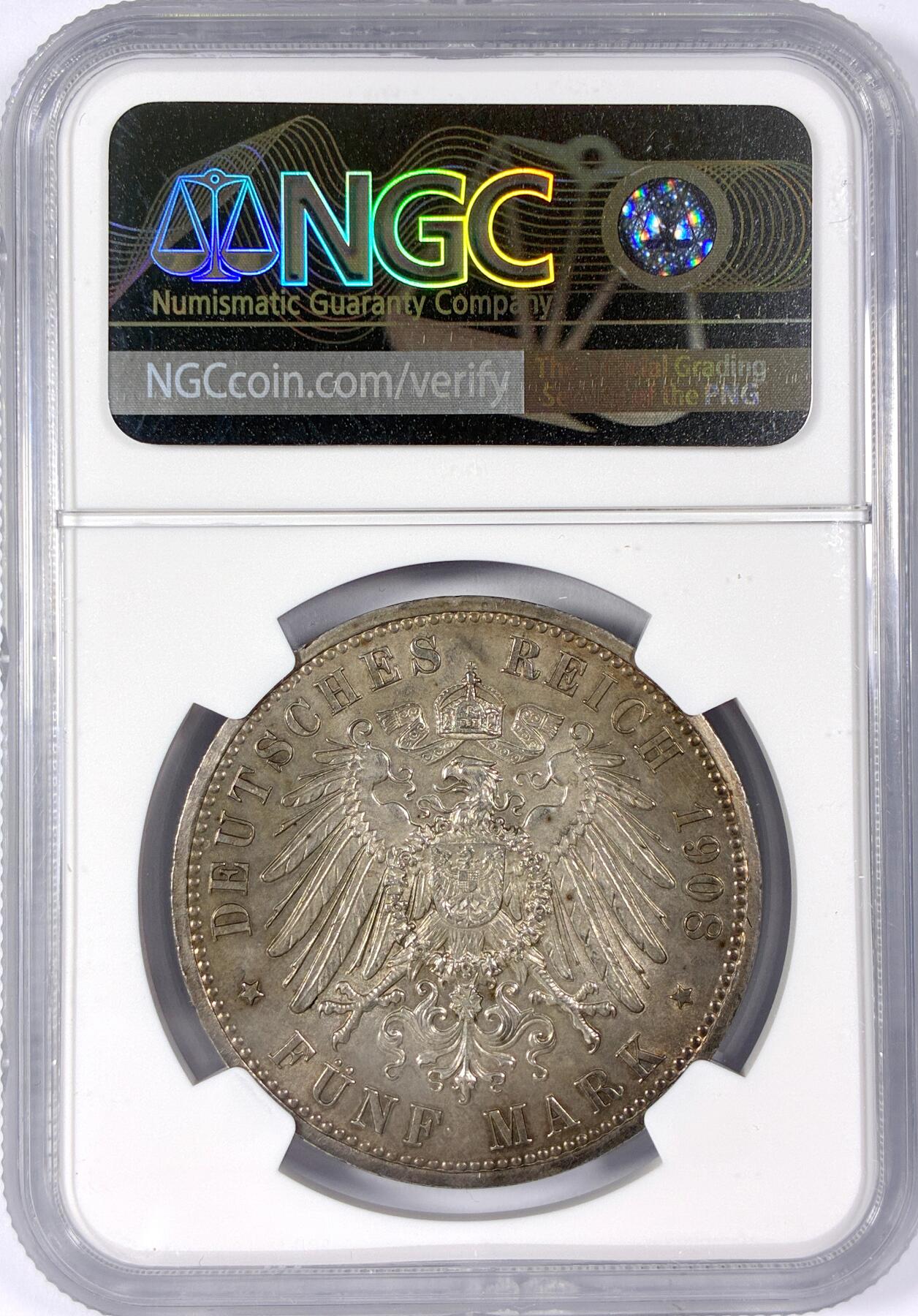 【雨安】【世界币章114期】2025-11-15 周六 19:30 保真 8秒倒数自动落锤 高效拍卖 [评级德国] Germany 德国 帝国 J.161 萨克森-魏玛-艾森纳赫 5马克 (1908) 耶拿大学 1908年 NGC-MS61 原味均匀老包浆