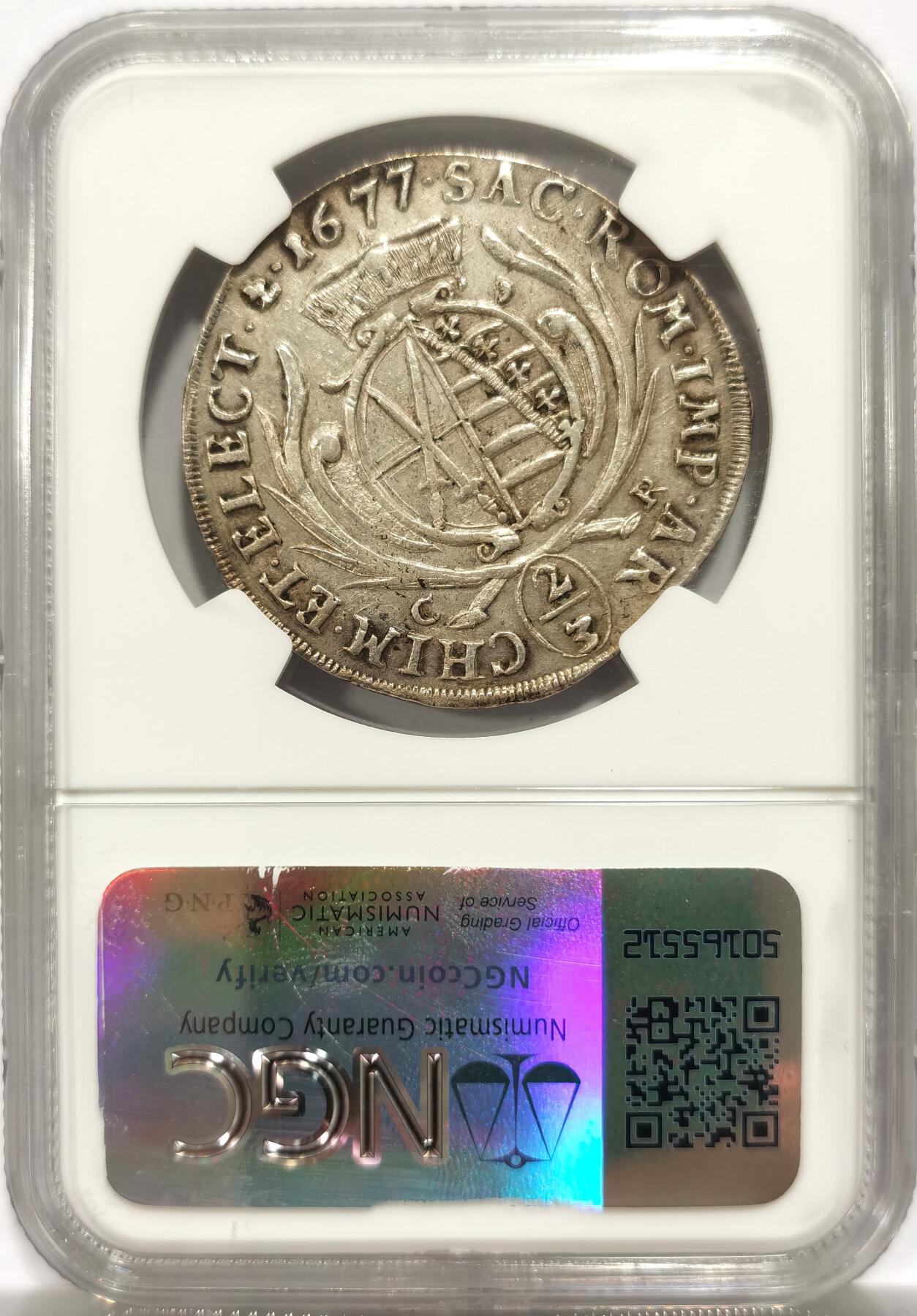 博洋堂世界钱币拍卖第146期（全场包邮） NGC UNC 德国萨克森1677年2/3泰勒银币，难得一见