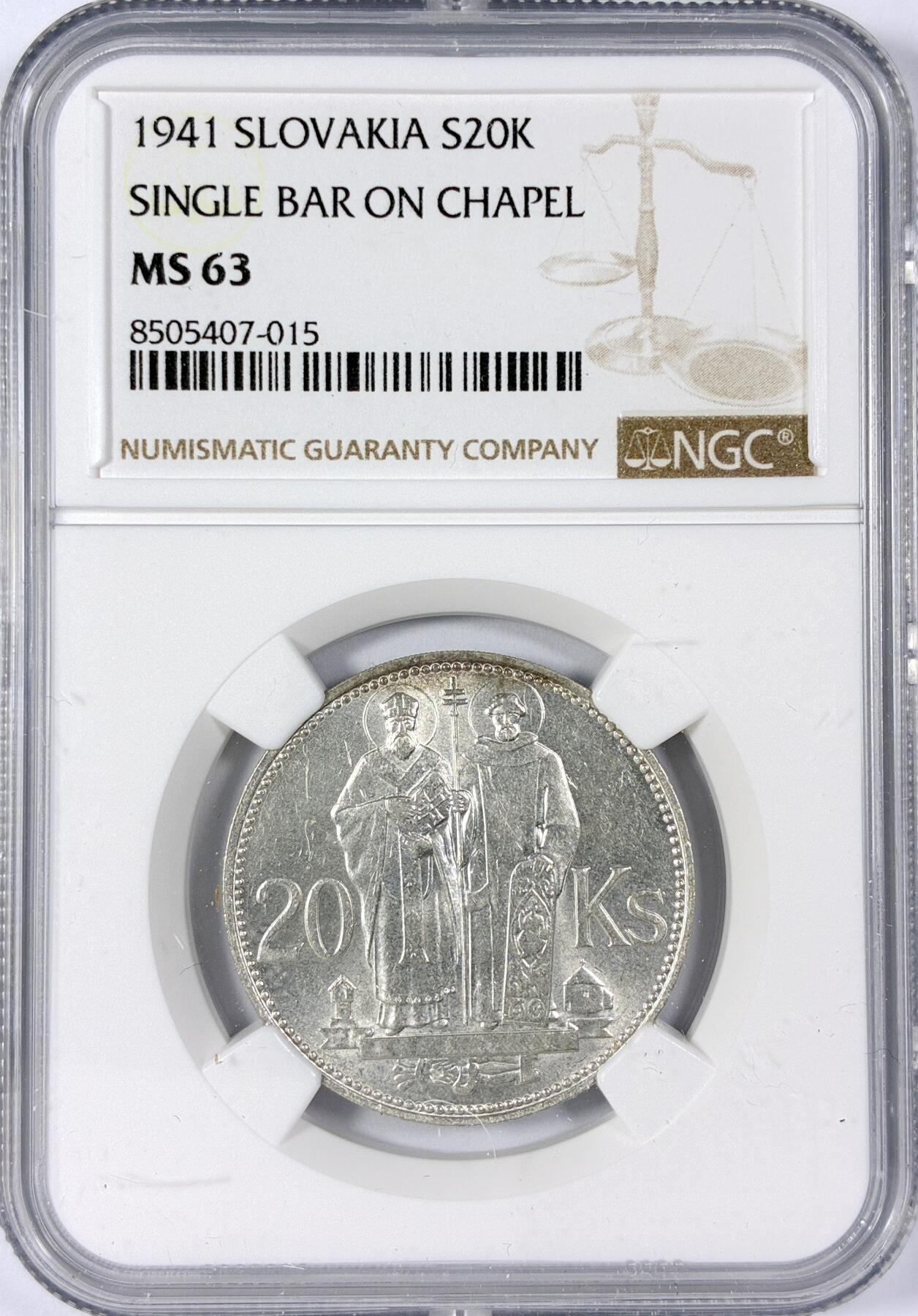 【雨安】【世界币章114期】2025-11-15 周六 19:30 保真 8秒倒数自动落锤 高效拍卖 [评级欧洲] Slovakia 斯洛伐克 20克朗 1941年 NGC-MS63