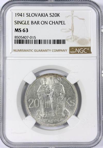 【雨安】【世界币章114期】2025-11-15 周六 19:30 保真 8秒倒数自动落锤 高效拍卖 - [评级欧洲] Slovakia 斯洛伐克 20克朗 1941年 NGC-MS63