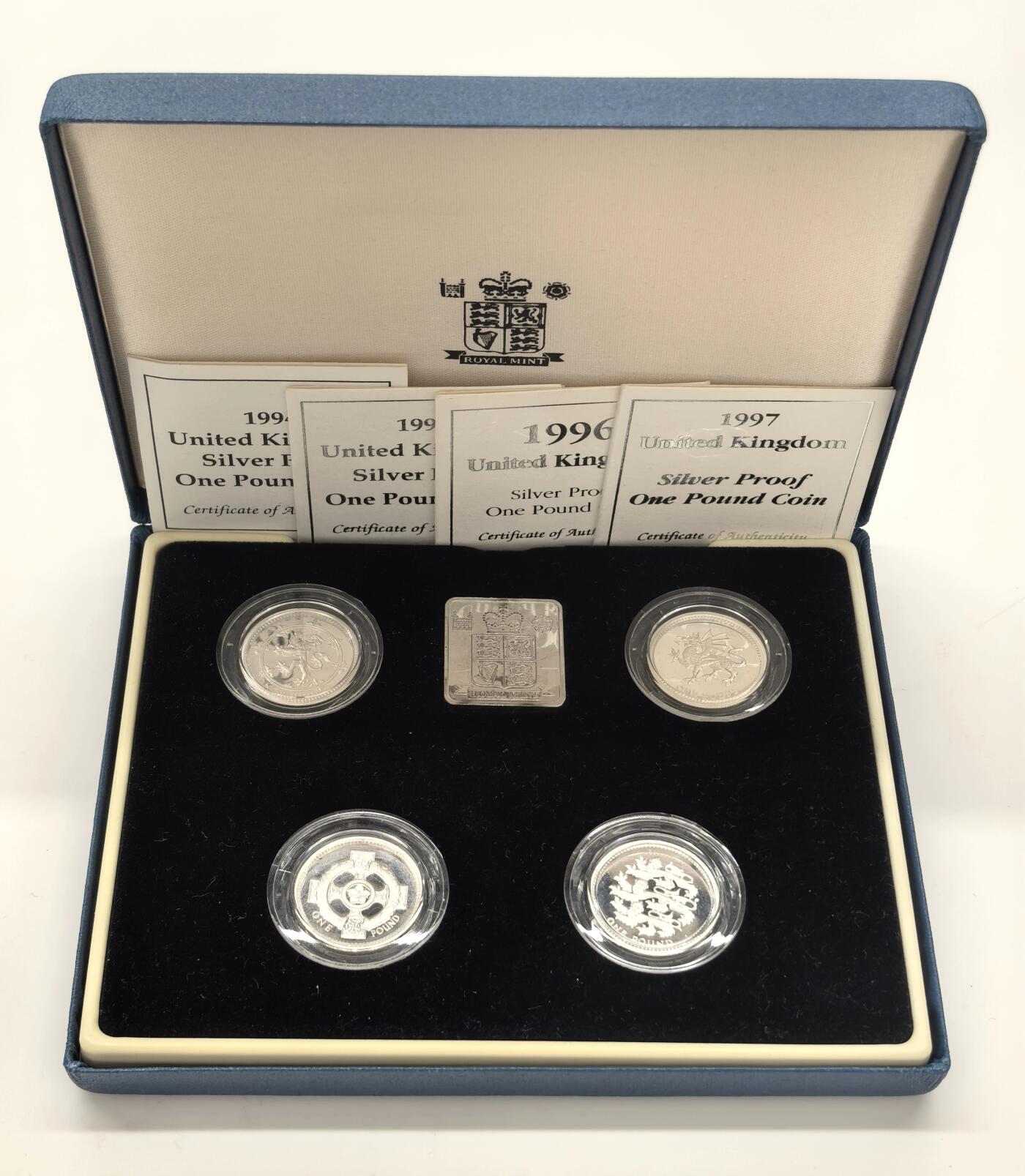 博洋堂世界钱币拍卖第146期（全场包邮） 英国1994-97年1镑精制银币4枚套装原盒证书