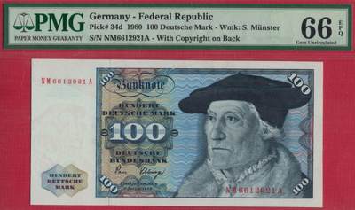 德国(联邦德国 西德)1980年100马克 P-34d(有版权声明版) 无47 实物图 UNC - 德国(联邦德国 西德)1980年100马克 P-34d(有版权声明版) 无47 实物图 UNC
