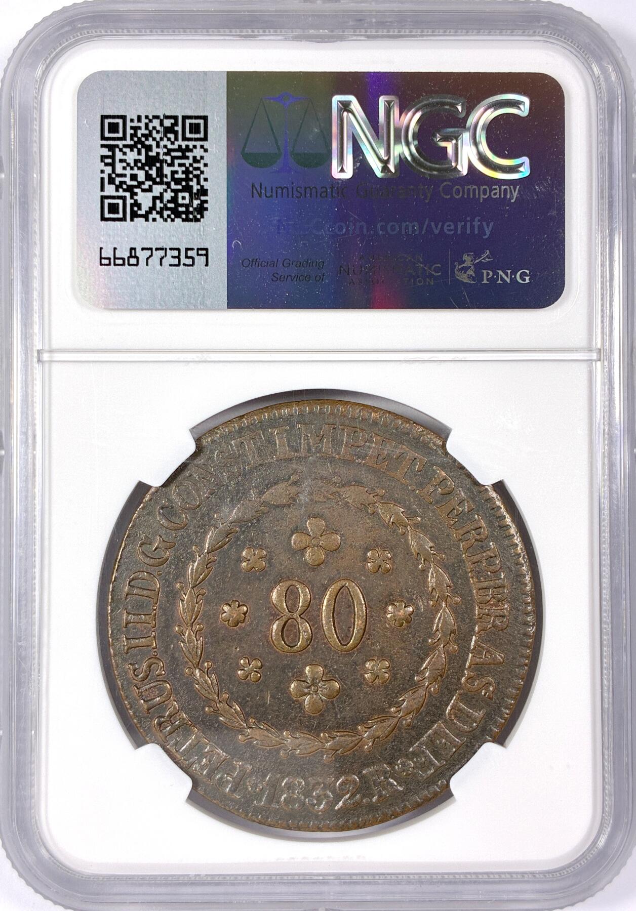 【雨安】【世界币章114期】2025-11-15 周六 19:30 保真 8秒倒数自动落锤 高效拍卖 [评级美洲] Brazil 巴西 80瑞斯 1832年 NGC-AU